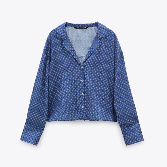 Zara Blue Boxy Satin Button Down Shirt with Notched Collar Size Large - Picture 4 of 10